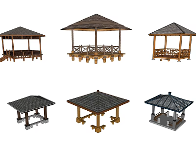 Wooden Gazebos With Various Roof Designs And Base Structures For Outdoor Use 3d model