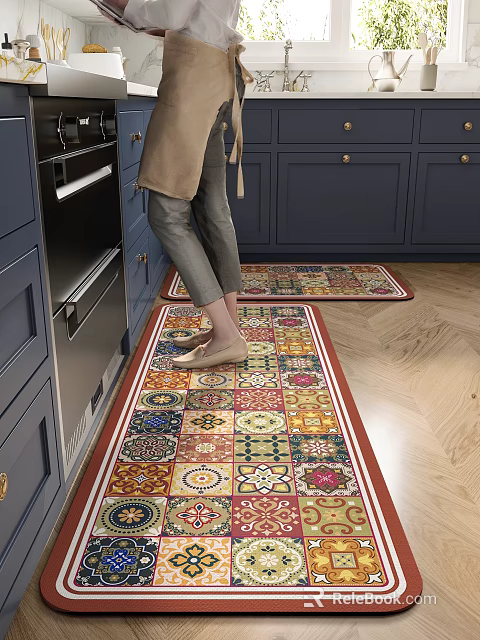 Kitchen Interior With Dark Blue Cabinets Wooden Floor And Colorful Patterned Rugs 3d model 