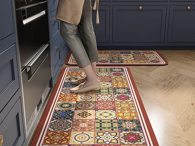 Kitchen Interior With Dark Blue Cabinets Wooden Floor And Colorful Patterned Rugs 3d model