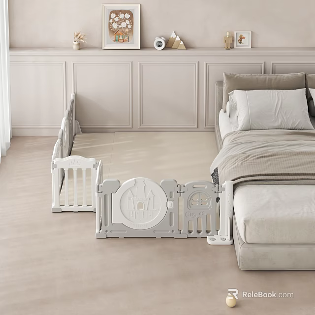 Kids Room Interior With White Castle Design Safety Playpen And Bedside Guard Rails 3d model 