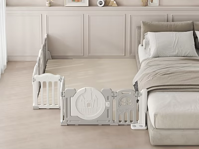 Kids Room Interior With White Castle Design Safety Playpen And Bedside Guard Rails 3d model