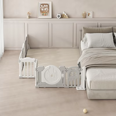 Kids Room Interior With White Castle Design Safety Playpen And Bedside Guard Rails 3d model