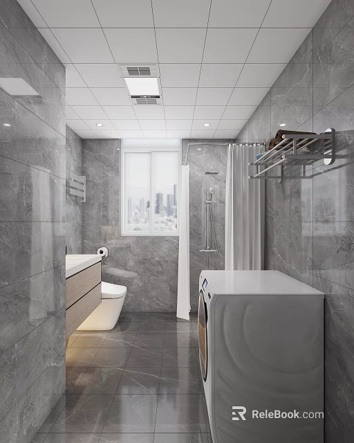 Bright Modern Grey Marble Tiled Bathroom With Complete Sanitary Fixtures And Functional Washing Machine 3d model 