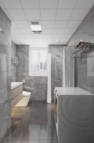 Bright Modern Grey Marble Tiled Bathroom With Complete Sanitary Fixtures And Functional Washing Machine 3d model
