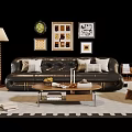 Modern Leather Sofa with Pillows and Coffee Table Set Floor Lamp and Decorative Paintings