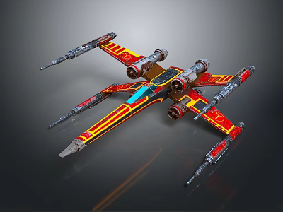 Vibrant Red And Yellow X Wing Fighter Model With Detailed Wings And Engines 3d model