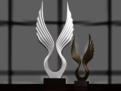 Wing Shaped Decorative Ornament Set Two Tone Silver Bronze With Black Base Modern Artistic Design 3d model