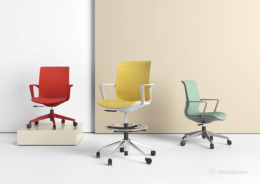 Modern Colorful Bar Stools With Wheel Bases And Different Tones In Display Setup 3d model