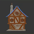 Cartoon Scene of a Charming House with Blue Tiled Roof Brown Wooden Frames and Chimney