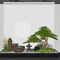 Zen Style Indoor Landscape With Pine Tree Rock Water Fountain And Circular Decoration