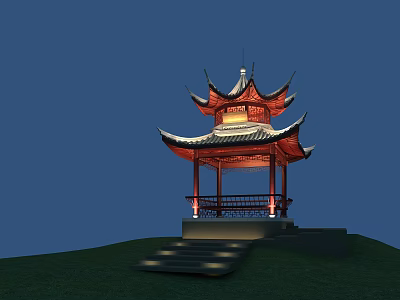 Traditional Chinese Pavilion On Green Hillside With Blue Sky Multi Tiered Eaves And Illuminated Steps 3d model