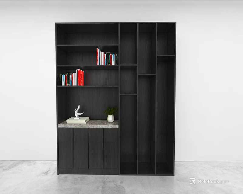 Modern Black Wall Cabinet With Shelves Books Decorative Items And Countertop 3d model 