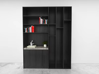 Modern Black Wall Cabinet With Shelves Books Decorative Items And Countertop 3d model