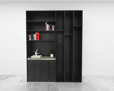 Modern Black Wall Cabinet With Shelves Books Decorative Items And Countertop 3d model