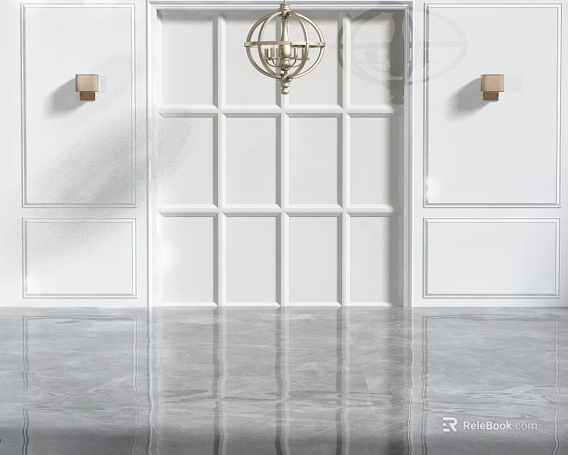 White Paneled Background Wall with Wall Sconces and Ceiling Chandelier on Polished Gray Floor 3d model 