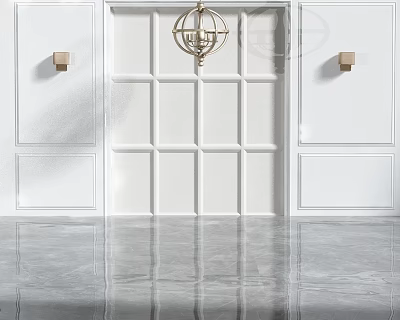 White Paneled Background Wall with Wall Sconces and Ceiling Chandelier on Polished Gray Floor 3d model