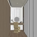 Modern Walk-in Closet Interior with Wooden Walls Round Mirrors and Dressing Table Chairs