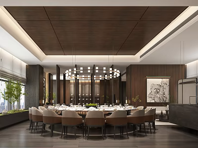 Elegant Restaurant Interior With Round Table Chairs Hanging Lights Wooden Ceiling And Green Plants 3d model