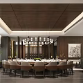 Elegant Restaurant Interior With Round Table Chairs Hanging Lights Wooden Ceiling And Green Plants