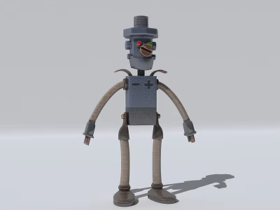 Smart Machine With Hat Metallic Body Rope Like Arms Legs And Red Light 3d model
