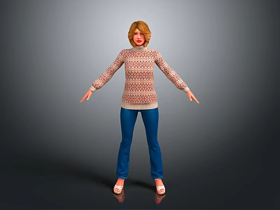 A Woman in Patterned Sweater Blue Pants Brown Shoes with Arms Outstretched Against Gray Background 3d model