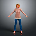 A Woman in Patterned Sweater Blue Pants Brown Shoes with Arms Outstretched Against Gray Background