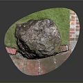 Outdoor Garden Scene With Wooden Accents And Large Stone Decor On Grass Brick Paving