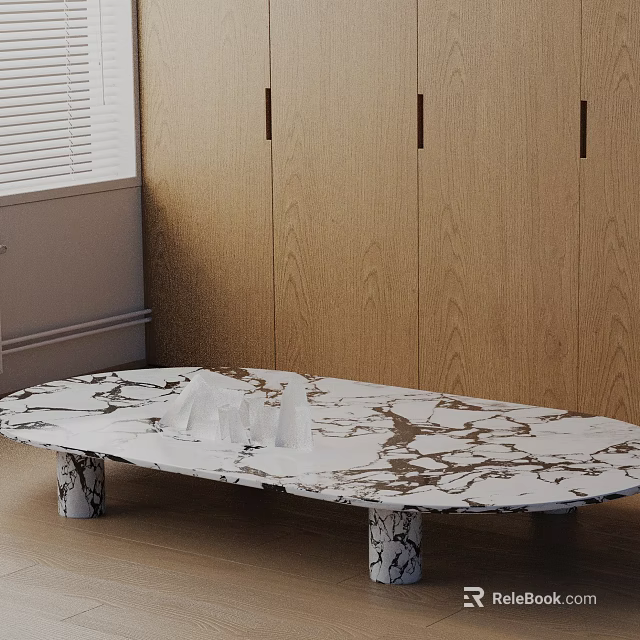 Modern Sofa and Coffee Table Set with Oval Marble Top and Wooden Cabinet Background 3d model 