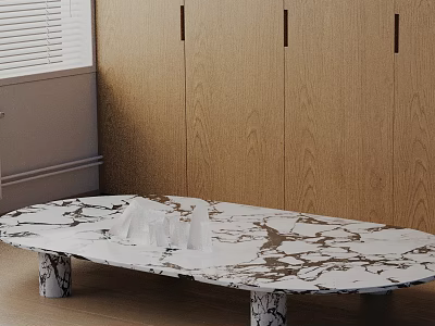 Modern Sofa and Coffee Table Set with Oval Marble Top and Wooden Cabinet Background 3d model