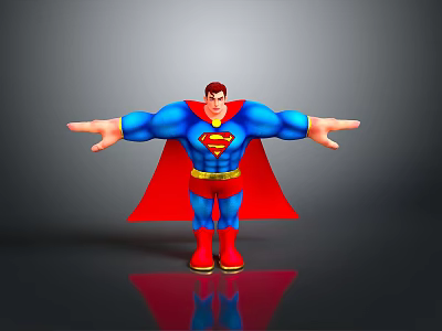 Superman Blue Costume Red Cape Yellow S Emblem Arms Outstretched Standing on Gray Background with Reflection 3d model