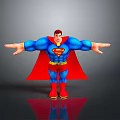 Superman Blue Costume Red Cape Yellow S Emblem Arms Outstretched Standing on Gray Background with Reflection