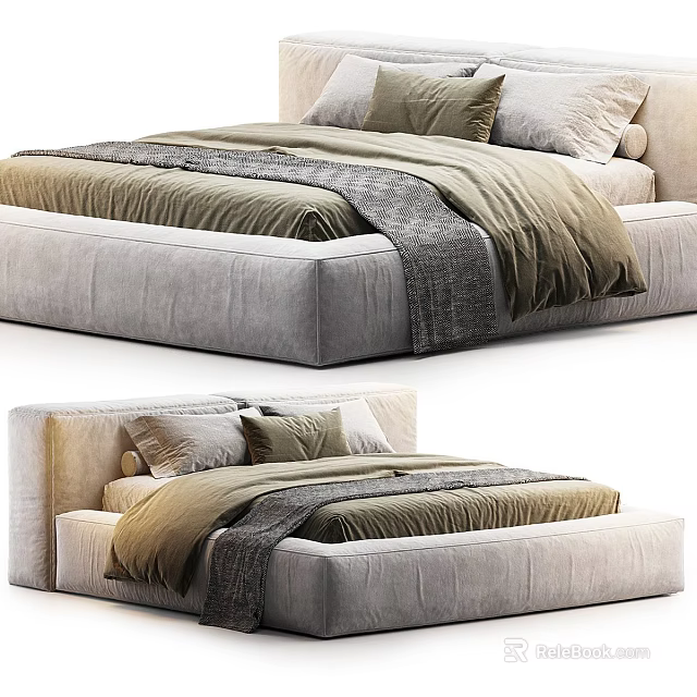 Modern Upholstered Bed Design With Neutral Tones Bedding Pillows And Blankets 3d model 