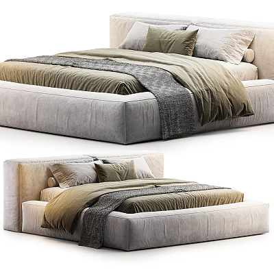 Modern Upholstered Bed Design With Neutral Tones Bedding Pillows And Blankets 3d model