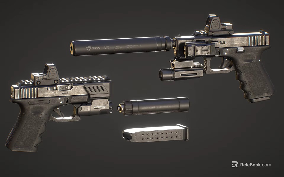 Detailed Tactical Pistols With Suppressor Magazine And Scope On Gray Background 3d model 