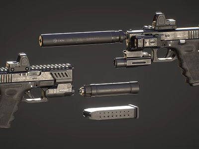 Detailed Tactical Pistols With Suppressor Magazine And Scope On Gray Background 3d model