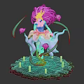 Pink Hair Female Figure With Crown And White Ghosts On Glowing Green Base With Candles