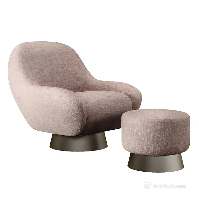 Modern Light Pink Fabric Leisure Chair With Curved Design Metal Base And Ottoman 3d model 