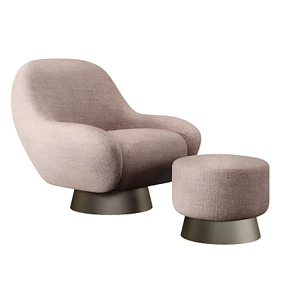 Modern Light Pink Fabric Leisure Chair With Curved Design Metal Base And Ottoman 3d model