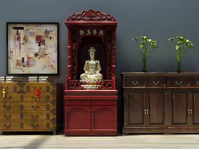 Traditional Chest of Drawers with Framed Painting and Green Plant Vases 3d model