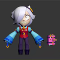 Playful Cartoon Character With White Purple Hair Red Vest Blue Sleeves Holding Pink Box