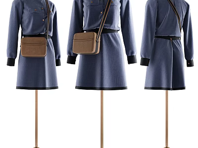 Mannequins Wearing Blue Dresses With Brown Crossbody Bags On Stands 3d model