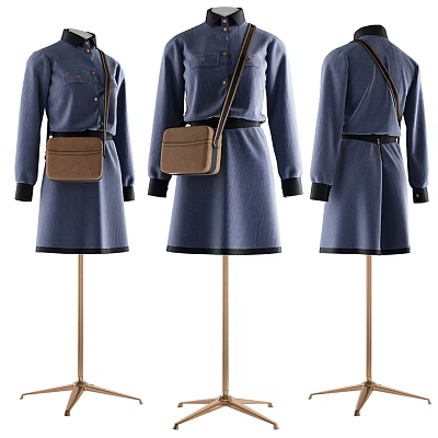 Mannequins Wearing Blue Dresses With Brown Crossbody Bags On Stands 3d model