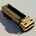 Beige Military Truck With Open Cargo Bed Large Off-Road Tires And Roof Warning Lights