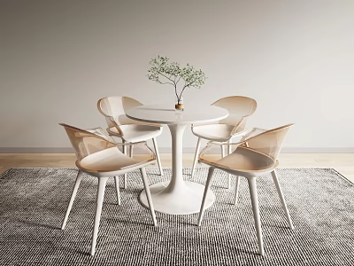 Modern White Round Table And Chairs Set With Small Plant On Wooden Floor Rug 3d model