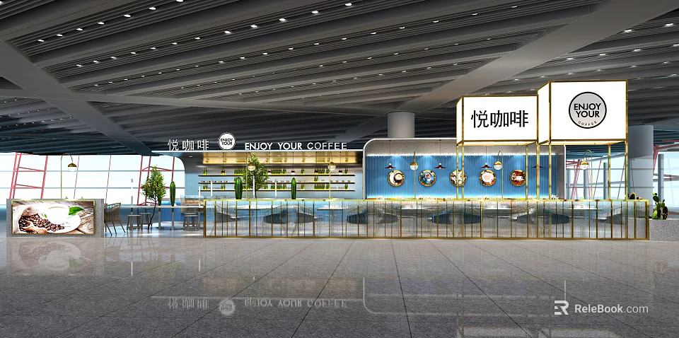 Modern Spacious Café Interior With Plants Seating Area And Enjoy Your Coffee Sign 3d model 