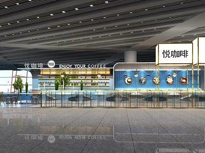 Modern Spacious Café Interior With Plants Seating Area And Enjoy Your Coffee Sign 3d model