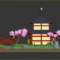 Japanese Style Garden Model With Pagoda Red Bridge Pink Cherry Blossoms Green Grass And Lanterns