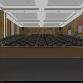 Modern Conference Room With Auditorium Seating Wooden Desks Colorful Curtains And Geometric Walls