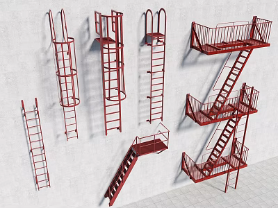 Red Stairs With Various Designs Including Spiral Straight And Z Shaped Railings 3d model