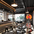 Modern Restaurant Interior With Open Bar Counter Wine Racks Tables And Chairs